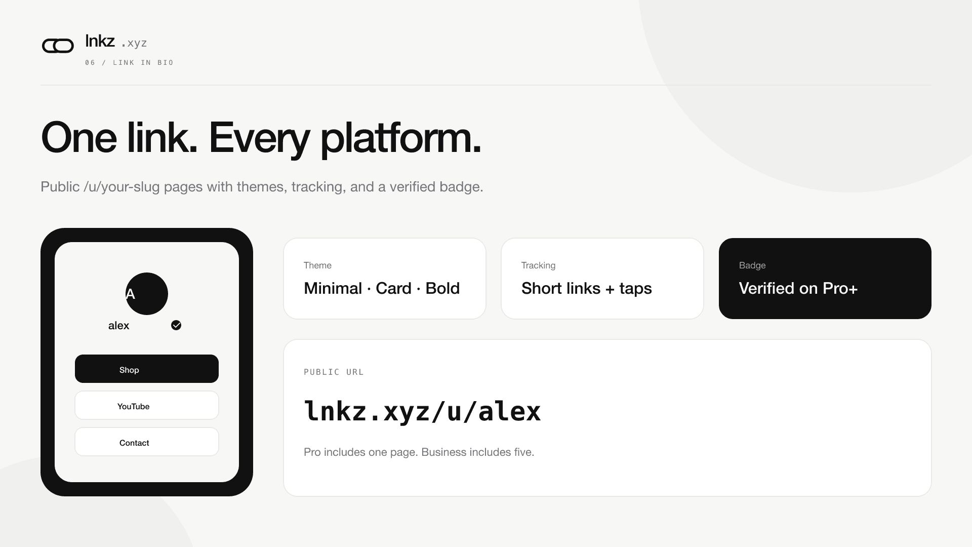 Link-in-bio phone preview with verified badge and lnkz.xyz/u/alex public URL